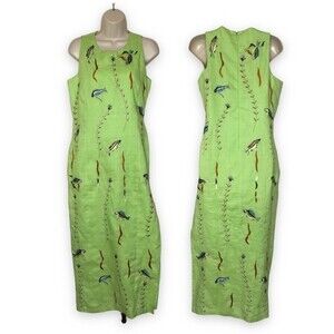 Vintage Daisy L Linen Sheath Dress Bright Green Aquatic Embroidery Women Size 4